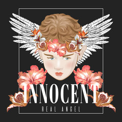 Wall Mural - Innocent. Real angel. Vector hand drawn illustration of boy with flowers isolated. Creative  artwork. Template for card, poster, banner, print for t-shirt, pin, badge, patch.