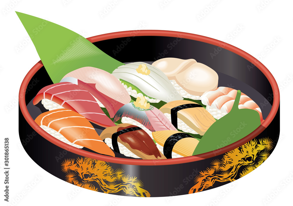 寿司桶に入った一人前のお寿司のイラストセット マグロ サーモン ブリ イカ ホタテ 玉子 イワシ Illustration Set Of Traditional Japanese Sushi Bucket Wall Mural Buck Globeds
