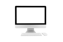 Desktop Computer Modern Style With Simplicity Blank Screen Isolated On White Background, Monitor Wide Screen For Work Of Business, Hardware Computer, Object And Technology Electronic Concept.