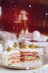 Poster - crep cake for Christmas and New Year.  Christmas tree decorations cabbage romanesco. Snack cake with salmon, avocado and soft cheese. Grains of cottage cheese play the role of snowdrifts.