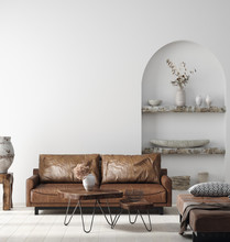Wall Mock Up In Scandi-boho Home Interior With Retro Brown Leather Furniture, 3d Render