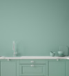 © artjafara - Kitchen in neo mint color, wall poster mock up, 3d render