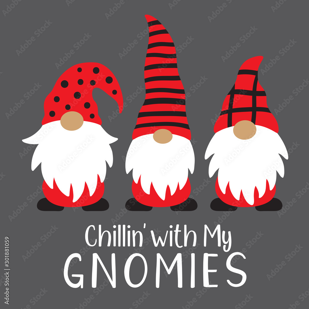 Vector illustration of cute holiday Christmas gnomes in red and black costume. - obrazy, fototapety, plakaty 