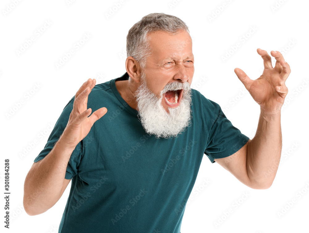 Angry mature man on white background