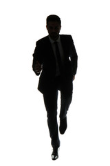 Wall Mural - Silhouette of handsome running businessman on white background