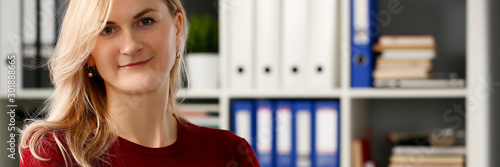 Happy smiling blond businesswoman holdig Tableau sur Toile