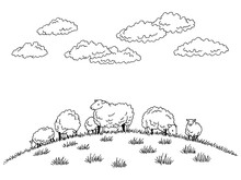 Sheep Feeding Grass On The Hill Graphic Black White Sketch Illustration Vector