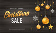 Christmas sale banner vintage wood background template with glitter gold elements, snowflakes, stars	