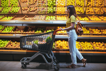 Wall Mural - woman at grocery store market with shopping cart