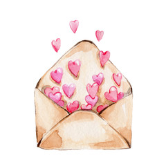 The craft envelope with red heart; watercolor hand draw illustration; can be used for valentine's day; with white isolated background