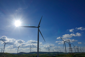 Wind turbine farm from clean energy. Wind power for electricity.