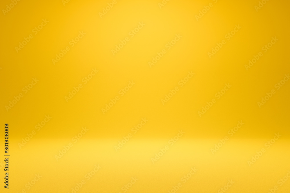 Empty yellow background and spotlight with studio for showing or design. Blank backdrop made from cement material. Realistic 3D render. - obrazy, fototapety, plakaty 