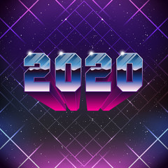 Sticker - Happy New 2020 Year Greetings Card in 80s Retro Sci-Fi style. Vector futuristic synth retro wave illustration in 1980s posters style.