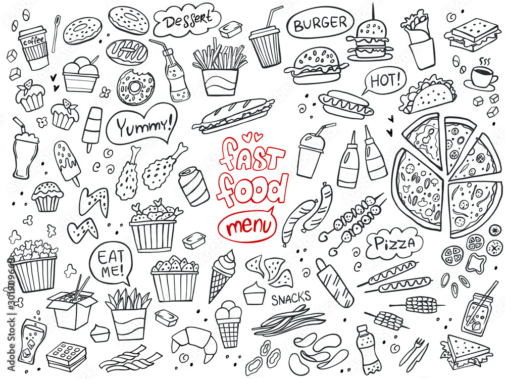 Set of fast food doodles on white. Vector illustration. Perfect for menu or food package design. - obrazy, fototapety, plakaty 