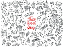 Set Of Fast Food Doodles On White. Vector Illustration. Perfect For Menu Or Food Package Design.