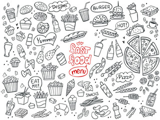 set of fast food doodles on white. vector illustration. perfect for menu or food package design.