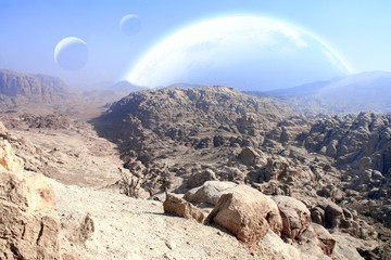 Sticker - Landscape with canyon, rock and planets in sky