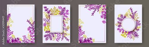 Cute herb twigs, tree branches, leaves floral invitation cards set. Plants bo...