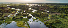 Panoramic Aerial View At Sunset Of Typical Pantanal Wetlands Landscape With  Lagoons, Forests, Meadows, River, Fields, Mato Grosso, Brazil