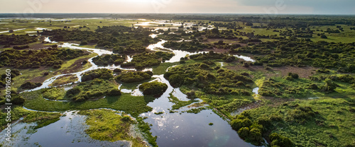 Cuadros en Lienzo Panoramic aerial view at sunset of typical Pantanal Wetlands landscape with lag