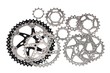 Closeup of mountain bike chain rings - a 10 speed cassette isolated on white background