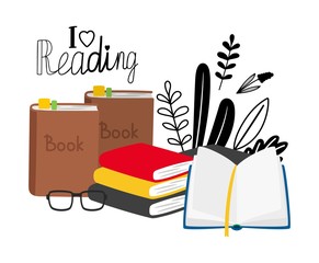 Wall Mural - Books illustration. Reading concept with vector books, glasses. I love reading illustration