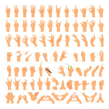 Woman Hands And Arms Expressions. Women Hand Sign Big Set, Ok And Love Heart, Help Handshake And Press Touch, Praying And Meditation, Good And Small