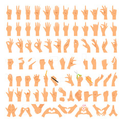 woman hands and arms expressions. women hand sign big set, ok and love heart, help handshake and pre