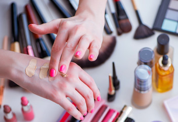 Wall Mural - Collection of make up products displayed on the table