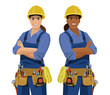 Set of European and African female workers with tools. Cartoon smiling work women, builder wearing safety helmet, coveralls and toolbelt. Vector illustration isolated on the white background