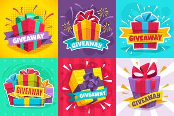 Giveaway winner poster. Gift offer banner, giveaways post and winner reward in contest, prize in boxes with ribbons flyer design vector set