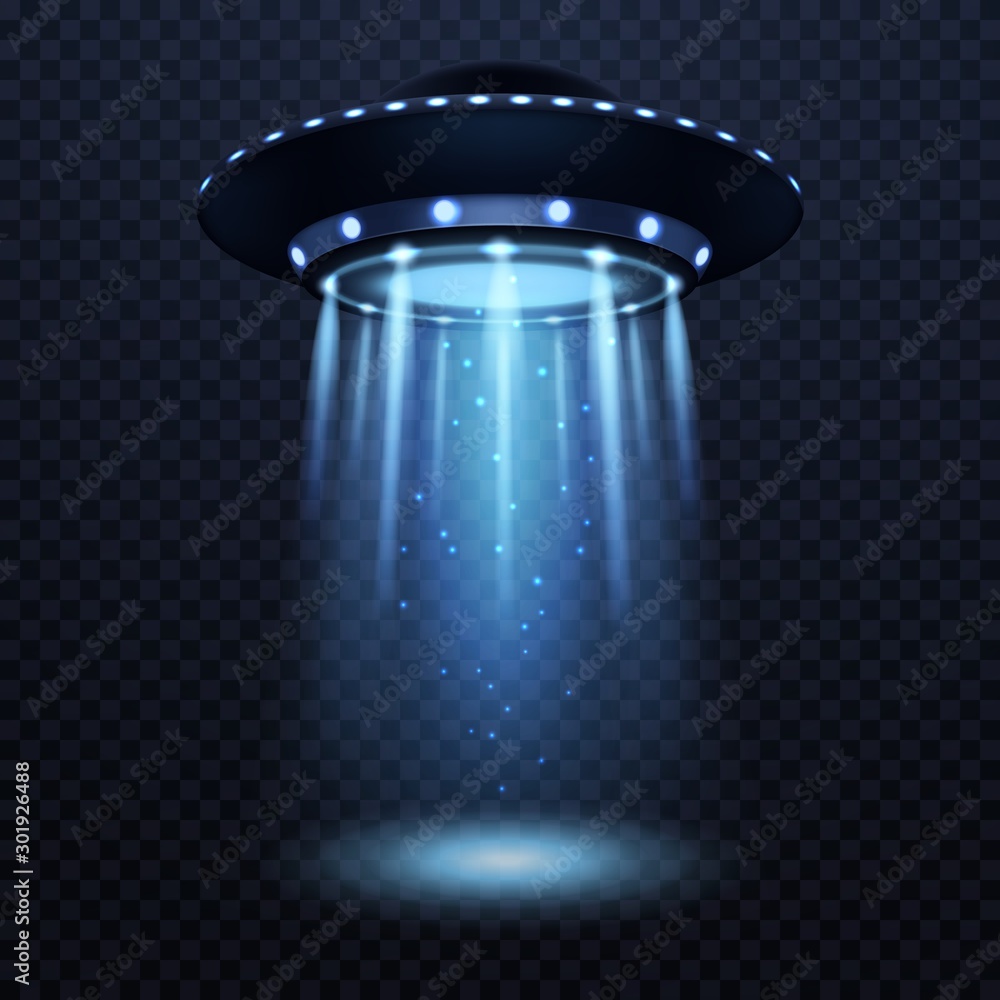 UFO. Realistic alien spaceship with blue light beam, futuristic sci fi unidentified spacecraft isolated 3d vector illustration - obrazy, fototapety, plakaty 