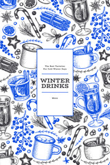 Winter drinks vector design template. Hand drawn engraved style mulled wine, hot chocolate, spices illustrations. Vintage christmas background.