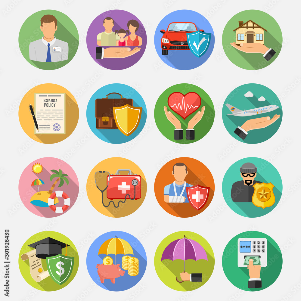 Insurance Flat Icons Set Stock Vector | Adobe Stock