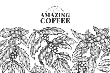 coffee vector design template. vintage coffee background. hand drawn engraved style illustration.