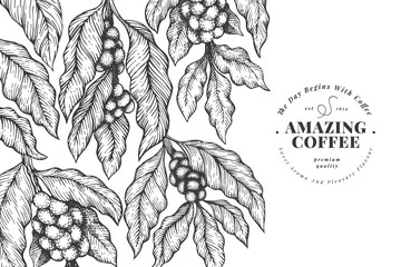 Coffee vector design template. Vintage coffee background. Hand drawn engraved style illustration.