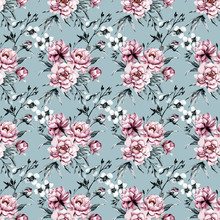 Seamless Background, Floral Texture With Watercolor Flowers Dusty Pink Peonies And Grey Leaves. Repeat Fabric Wallpaper Print Pattern. Perfectly For Wrapped Paper, Backdrop, Frame Or Border. 