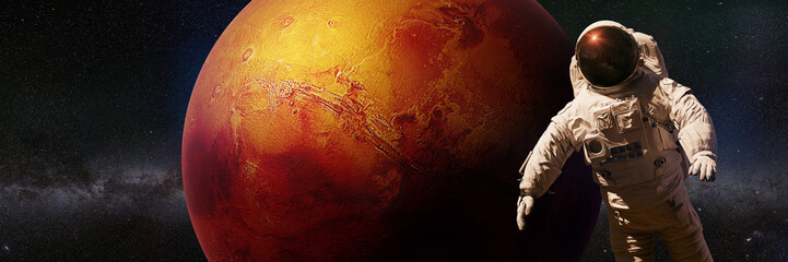 Wall Mural - astronaut during a space walk in orbit of planet mars
