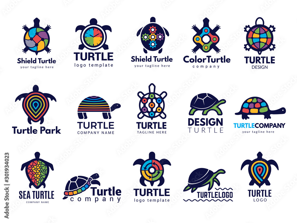 Turtle symbols. Business logo wild sea animals tortoise vector colored ...