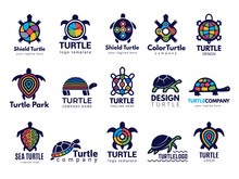 Turtle Symbols. Business Logo Wild Sea Animals Tortoise Vector Colored Stylized Pictures Collection. Animal Turtle Company Logo, Sea Tortoise Illustration