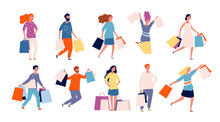 Shopping People. Male And Female Person Buying Products In Market Place Vector Shopper Characters Collection. Illustration Buyer Shopaholic, Woman Do Shopping