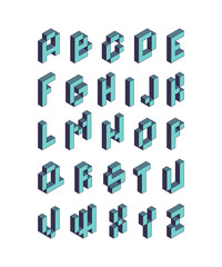 Wall Mural - Pixel font. Isometric video game alphabet retro style 90s cubic letters vector 3d. Pixel game alphabet, typography font illustration