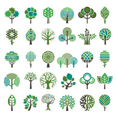 Sticker - Logo tree. Eco nature wood trees stylized emblems or badges vector collection. Illustration stylized logo tree, emblem badge tree