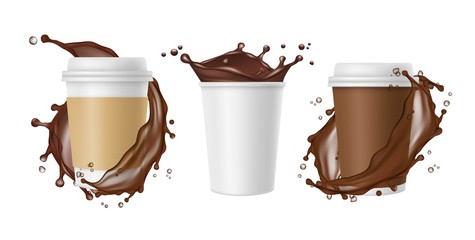 Poster - Takeaway coffee. Vector coffee splashes and white realistic paper mug. Cup of chocolate, coffee drink mug, splash and fresh, take away illustration