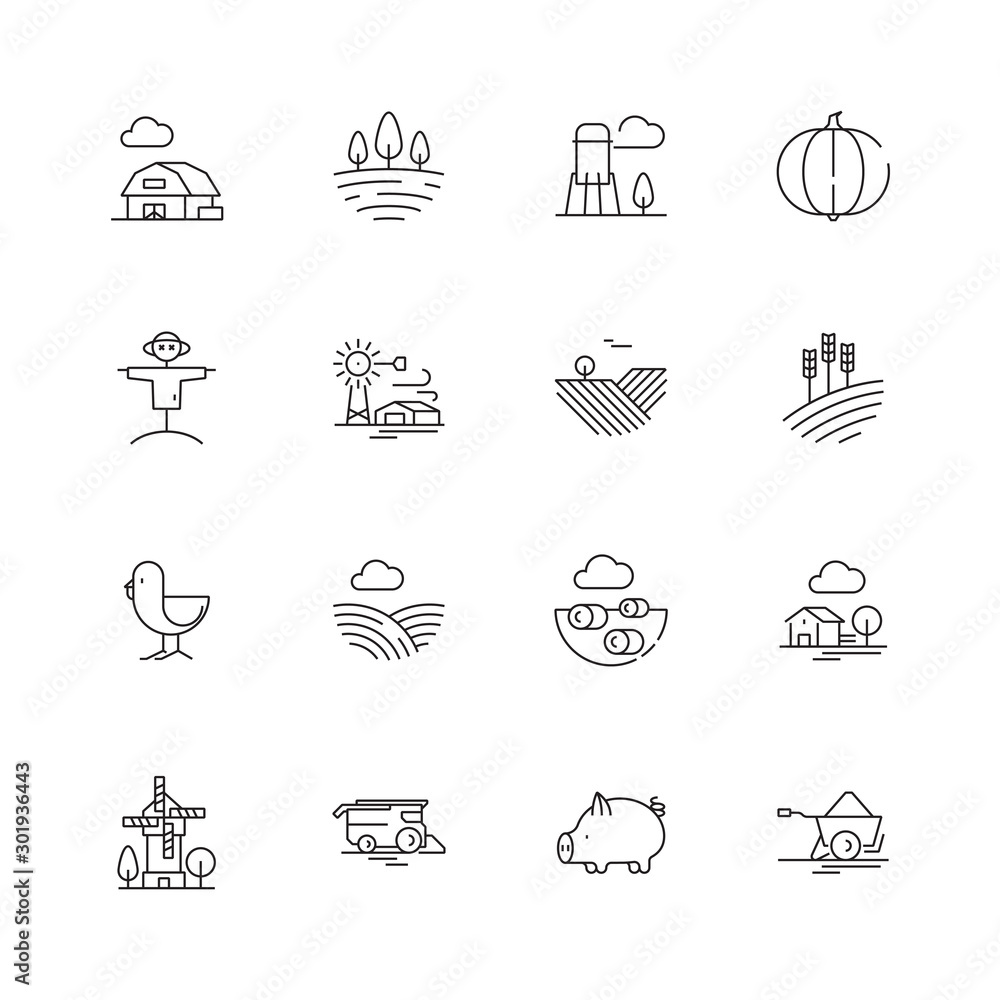 Farm icons. Agricultural objects agrarian farm fields landscape rural specific vehicle tractor vector thin line symbols. Illustration agrarian vehicle, agriculture farmland - obrazy, fototapety, plakaty 