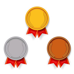 sport award medal gold silver bronze sport 1st 2nd 3rd place red ribbon icons set vector illustratio