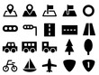 車、バス、船、自転車、飛行機、道路、地図などアイコンセット。交通や旅行を表すシンプルなシルエットのイラスト。線画で描かれたアイコンと塗りで描かれたアイコンが含まれる。道路標識や信号機のイラストも含まれる。