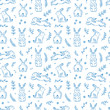 © AllNikArt - Easter Floral Seamless Pattern with Bunnies. Spring or Summer Background with Little Rabbits. Hand Drawn Sketch Cute Bunny and Leaves, Flowers, Branches of Willow Vector Illustration