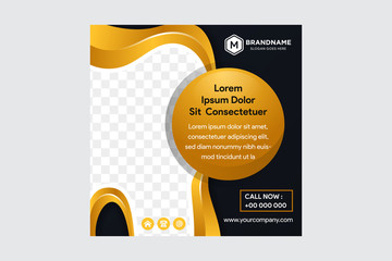 Square banner healthcare on black background. Dental and medical concept. illustration of tooth in left side used space for photo. gradient golden of abstract wave. Healthy life today. .