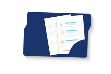 Poster - Document. Folder with document, stamp and text. Stack of agreements document with signature and approval stamp. Contract papers